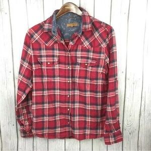 Jachs Girlfriend Womens Bea Pearl Snap Front Flannel Shirt Red Blue Plaid- M